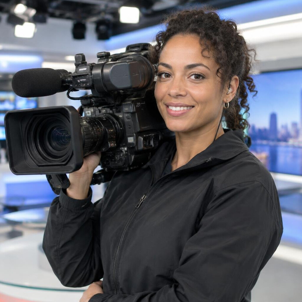 Smiling camera operator holding a professional video camera in a studio